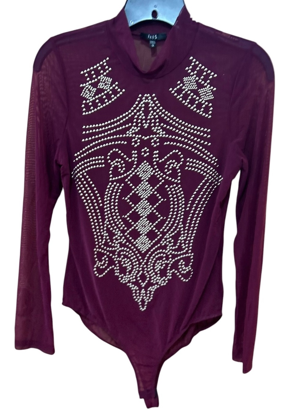 iris Burgundy Long Sleeve Studded Mesh Bodysuit